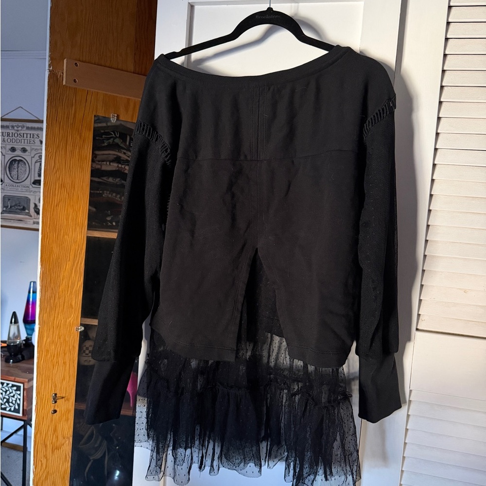 By Anthropologie Black Layered Tulle Sweatshirt Lace Hem - Picture 4 of 5